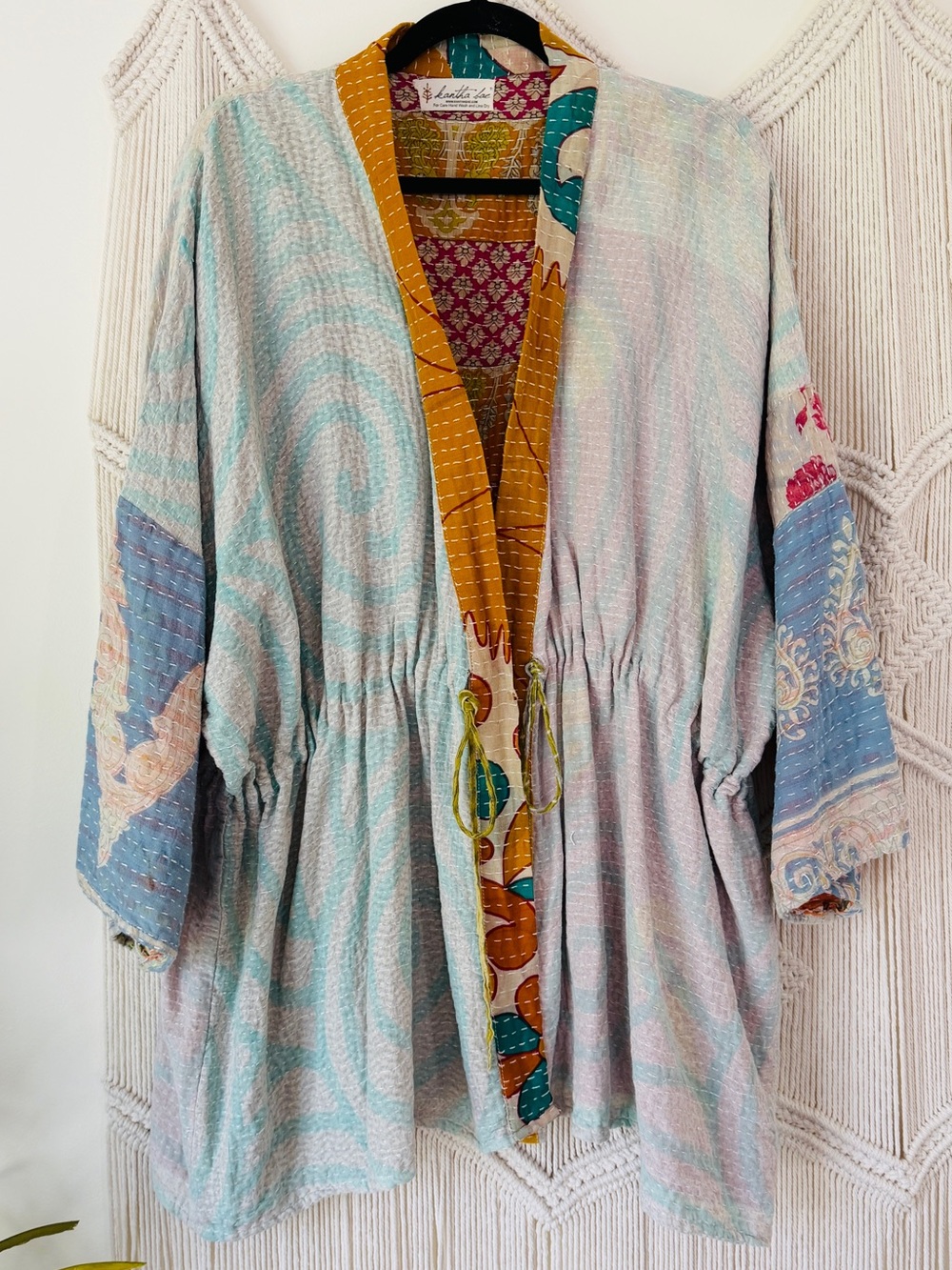 Kantha Bae Dreamweaver Vintage Cotton Sari Pastel Blue Floral Cinch Kimono OS